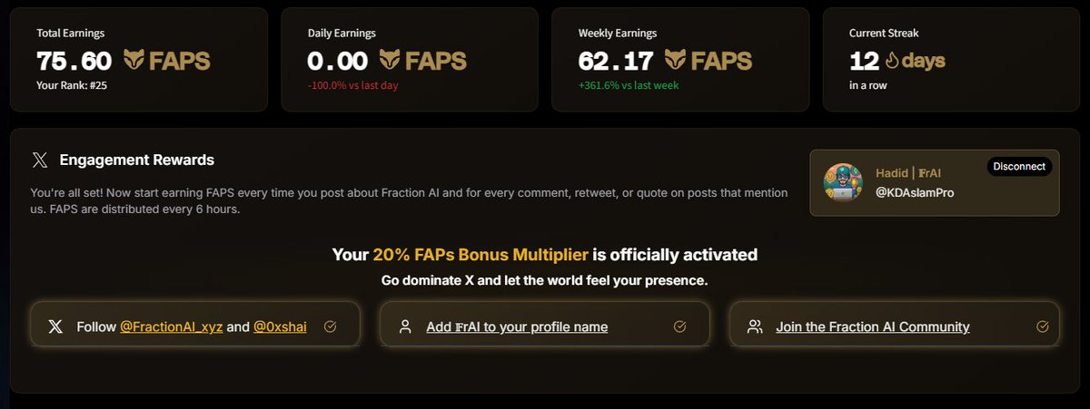 hadidamin.eth (@kdaslampro) on Twitter photo Hello everyone, day 12 on <a href="/FractionAI_xyz/">Fraction AI</a>.
I've already earned 75.60 FAPS just by engaging on X.
My current rank is 25, yesterday it was 34.
Nothing is impossible, hard work always pays. Hello everyone, day 12 on <a href="/FractionAI_xyz/">Fraction AI</a>.
I've already earned 75.60 FAPS just by engaging on X.
My current rank is 25, yesterday it was 34.
Nothing is impossible, hard work always pays.