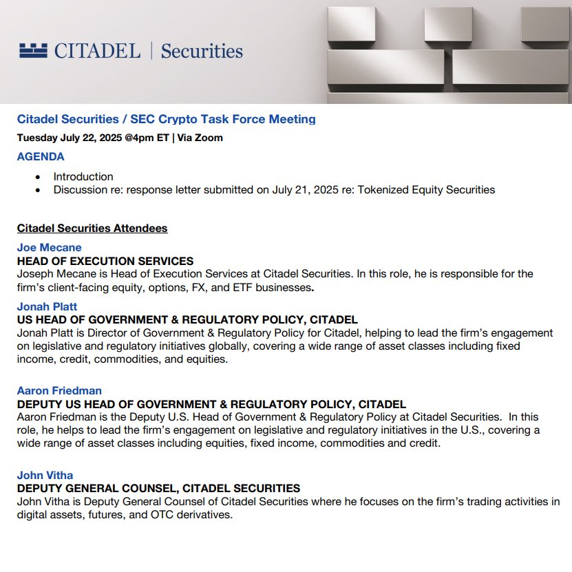 CryptooIndia's tweet image. JUST IN: 🇺🇸 SEC meets with Citadel Securities to discuss tokenization.