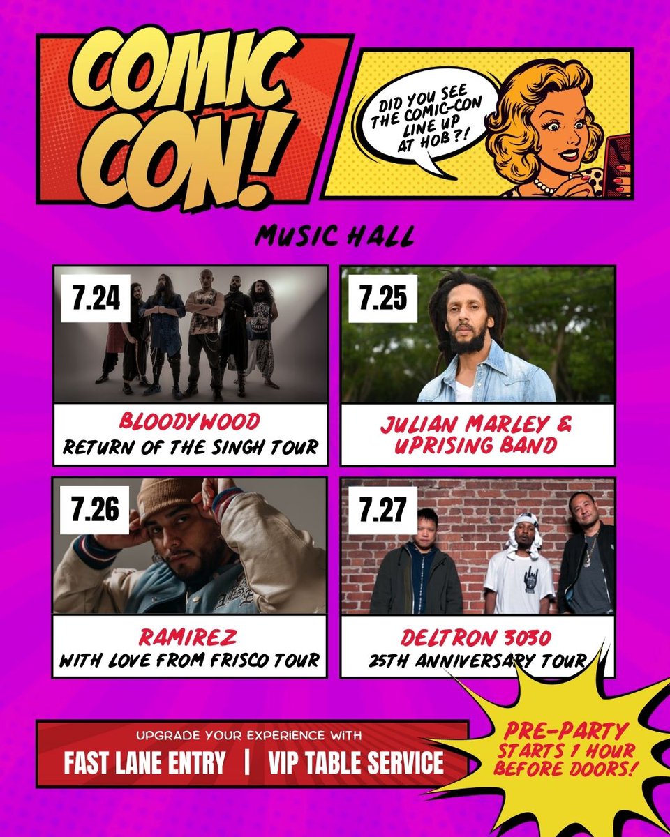 HOBSanDiego's tweet image. 💥 COMIC-CON LINE UP!
🎟️: livemu.sc/3GE5I9n
🍻 Pre-Party begins 1 hour before doors open
✨ Ask us about VIP Tables!
*Anamanaguchi show is FREE while tickets last. Distribution begins at 5pm @ our box office. 1 ticket per person. Ticket distributions ends at capacity.