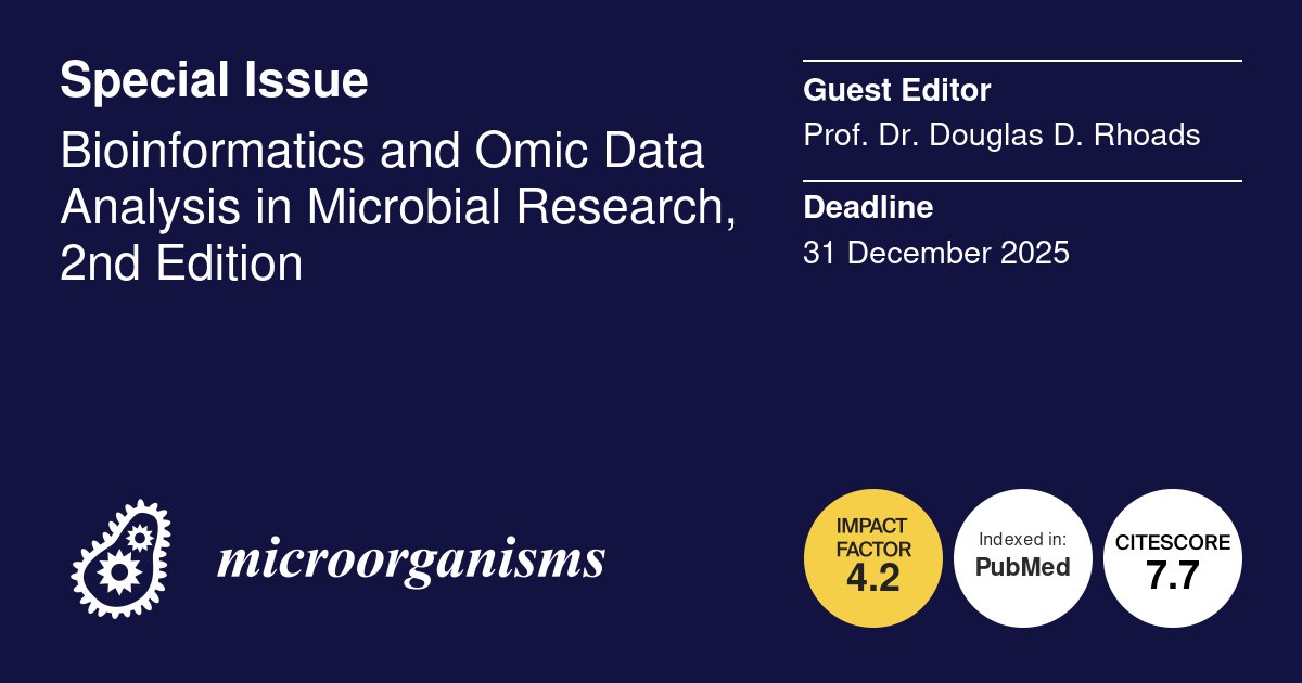 Micro_MDPI's tweet image. 🦠New Special Issue: Bioinformatics and Omic Data Analysis in Microbial Research, 2nd Edition

👔Guest Editors: Prof. Dr. Douglas D. Rhoads

📷Submission Deadline: 31 December 2025

🔎More: mdpi.com/si/246639
