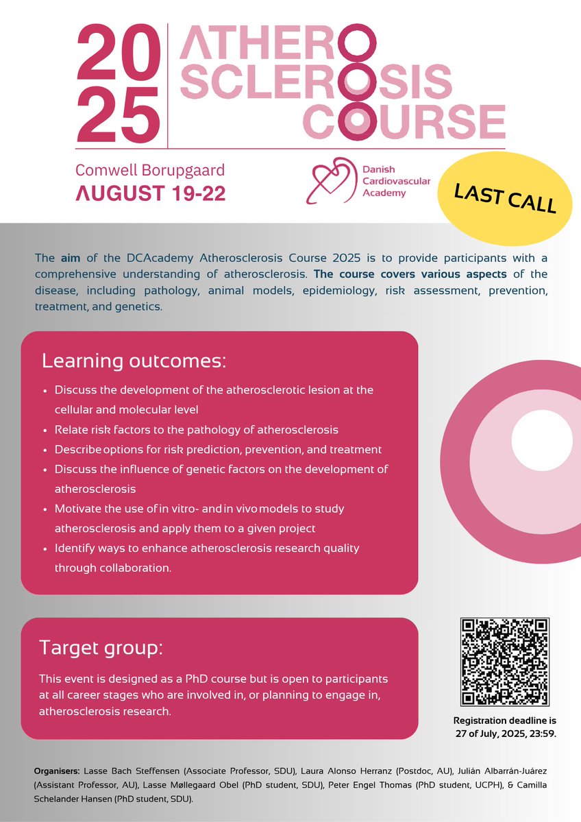 DCAcademyDK's tweet image. 🔴⭕ Last call: Course: DCAcademy Atherosclerosis Course 2025 ⭕🔴
Info:
🏠 Comwell Borupgaard, 3070 Snekkersten, Denmark
🕙 19-22 August, 2025
⏳Deadline for registration: 27 July 2025, at 23:59
👉 Sign up and read more here: ow.ly/lV6g50WaCiz