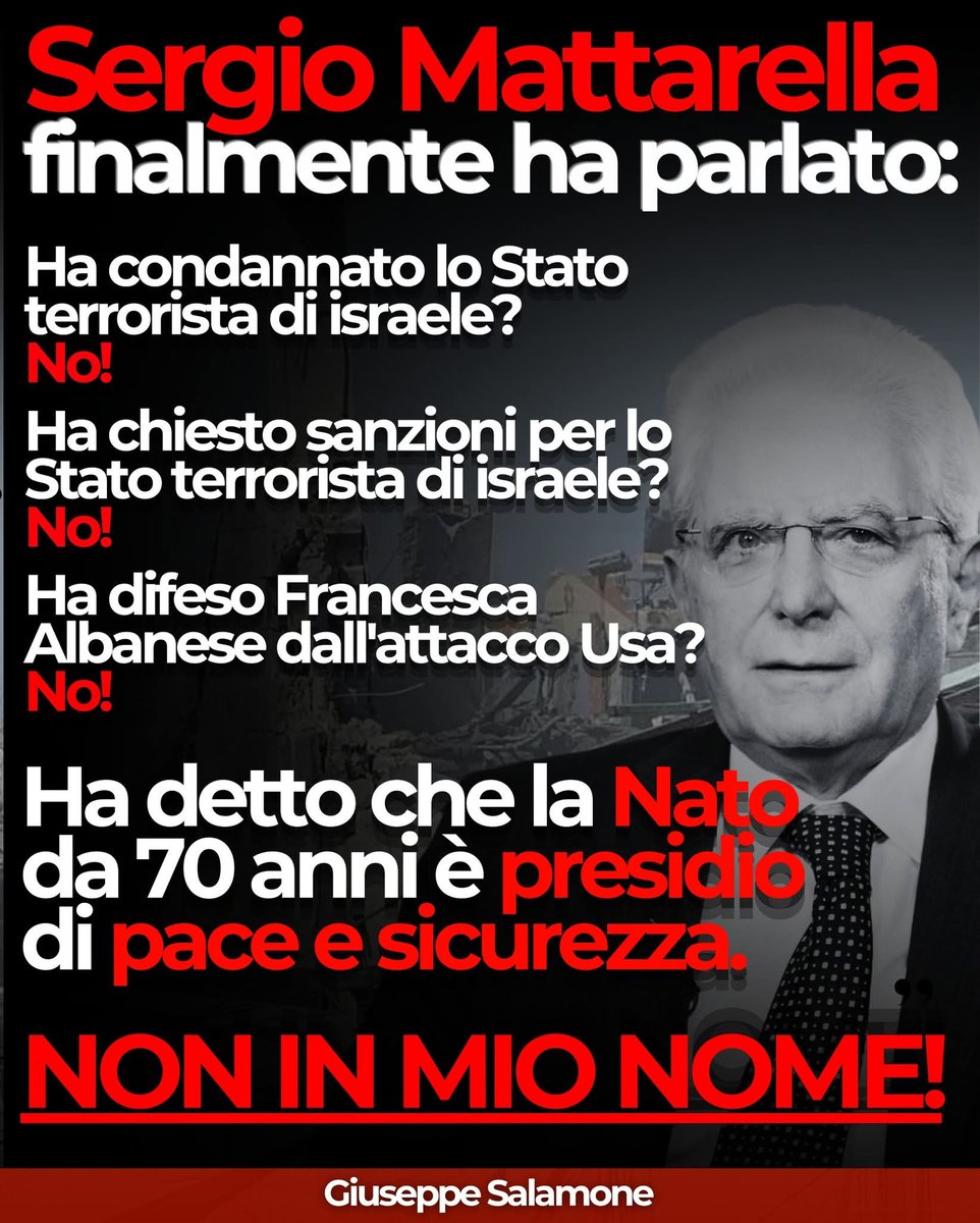 itsmeback_'s tweet image. Sergio Mattarella:
NON IN MIO NOME!
Ieri Sergio Mattarella ha parlato! Lo ha fatto incontrando al Quirinale una delegazione dell'Assemblea Parlamentare della Nato in occasione del 70° anniversario della prima riunione.
Non una parola di condanna verso lo Stato terrorista e…