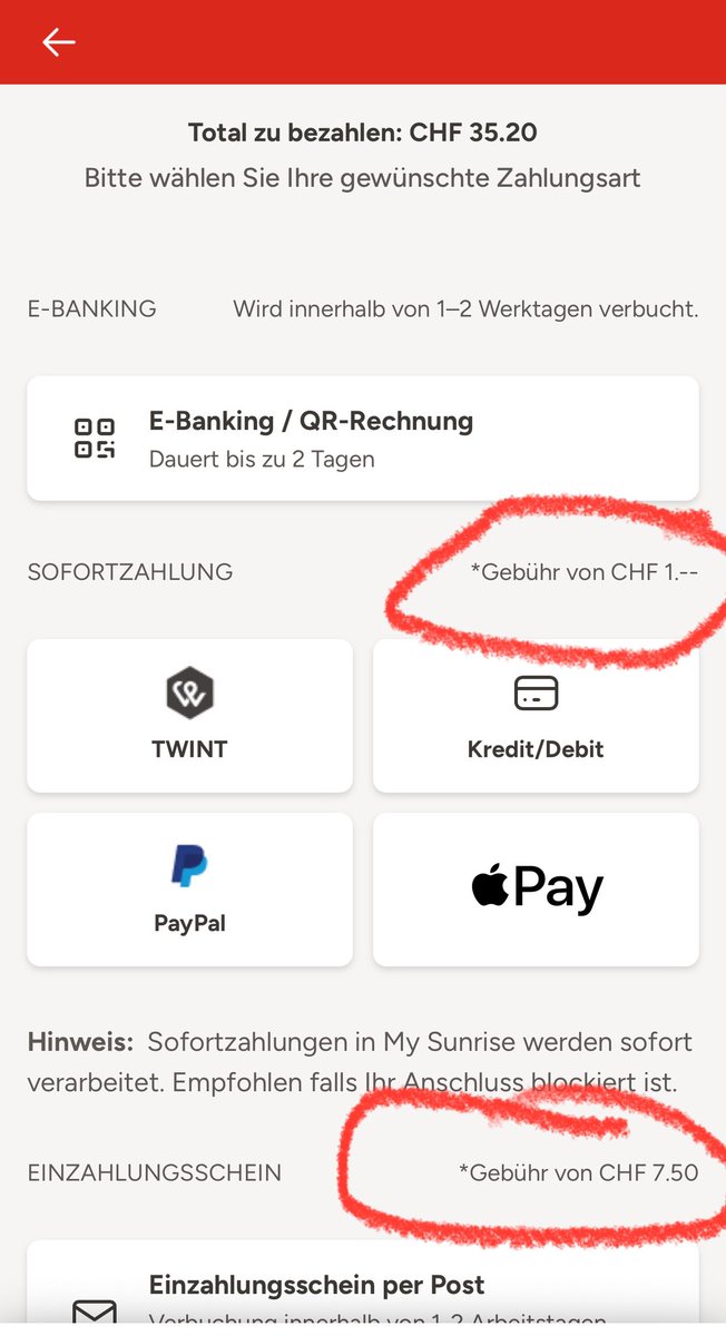Strafebühr für Einzahlung zwischen 1.- und 7.50, eBanking Gutschrift dauert  zwei Tage.  <a href="/Sunrise_de/">Sunrise</a>   <a href="/MisterPrezzi/">Monsieur Prix / Preisüberwacher</a>