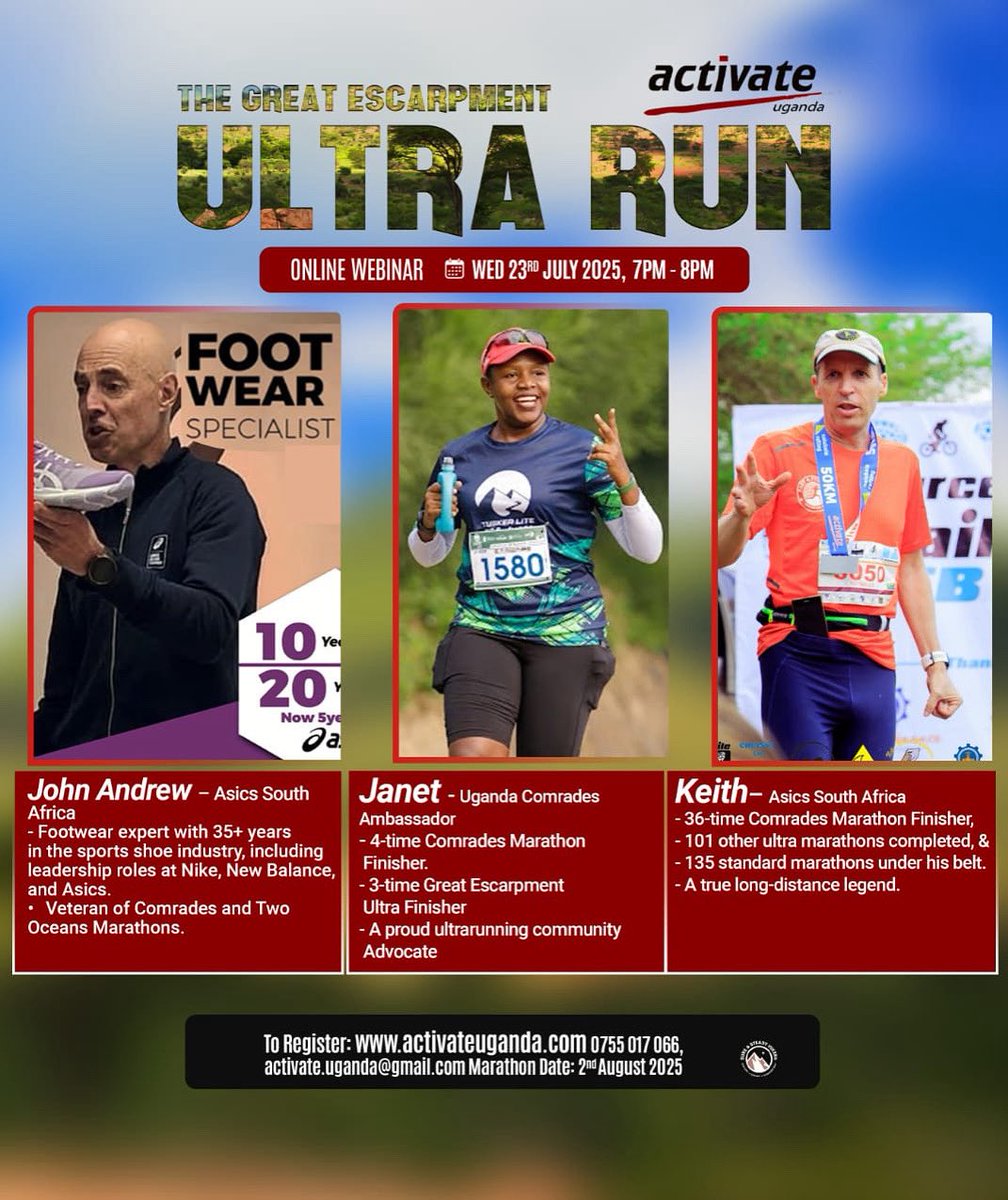 ActivateUgandaL's tweet image. 📣WEBINAR ALERT 📣
Grab a front row seat, get your popcorn 🍿& drink of choice and join in today’s special webinar; where all things ULTRA RUNNING will be discussed
⏰ 7-8pm
🔗 meet.google.com/kfa-crjy-znn
Don’t miss out on this exciting learning trip w/Ultra Legends✨