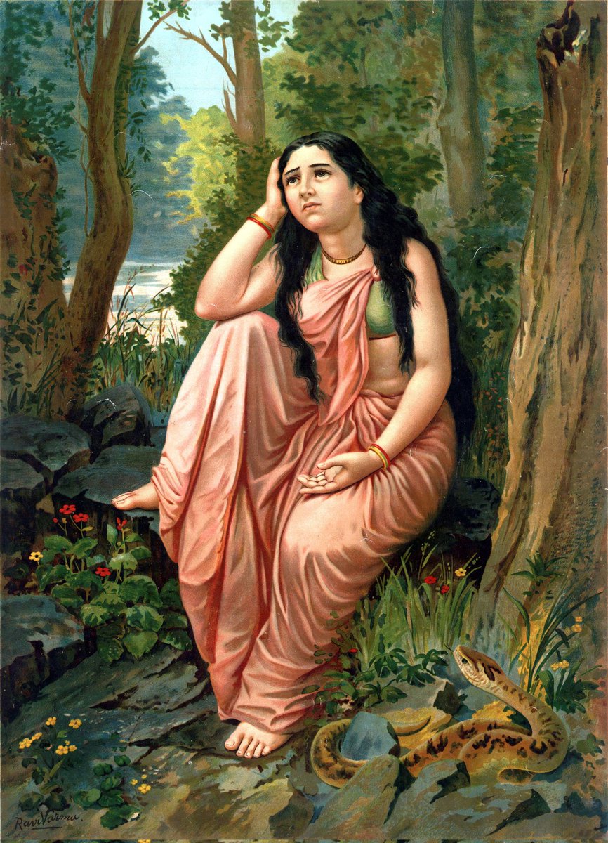 IndiaArtHistory's tweet image. Damayanti Vanvasa by Raja Ravi Varma, 1894. 🎨🖌️
Abandoned by Nala, sitting helpless & alone in the forest, lost in her thoughts.
Kaise lade muqadma unki yaad se,
Yeh dil bhi vakil unka, yeh jaan bhi gawah unki...💕