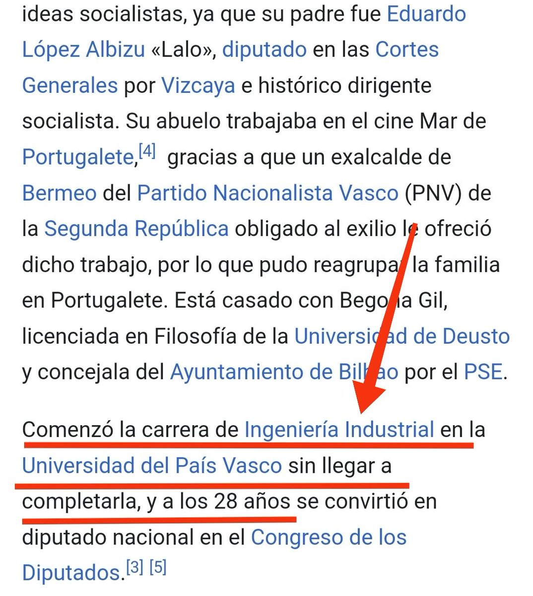 Le gusta a la izquierda jugar con los estudios de la tal Noelia Núñez del PP. Pues juguemos con el portavoz del PSOE:

¿Por qué pone Patxi López en la web estudios de ingeniero si nunca acabó ningún estudio?

¿Es cierto que estuvo 10 años en la Uni sin aprobar el primer curso?