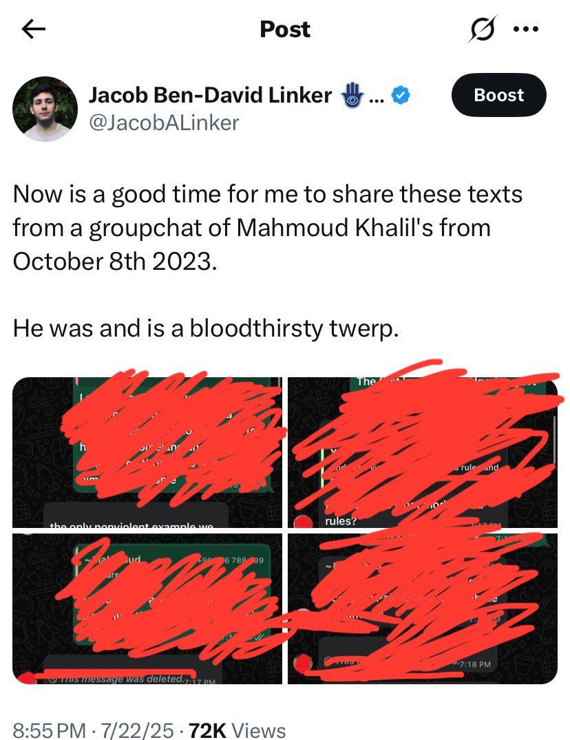 JacobALinker's tweet image. My source asked me to delete what I posted a few hours ago about Mahmoud Khalil.
Everything in it was real, but out of respect for them I deleted the post.
Apologies.