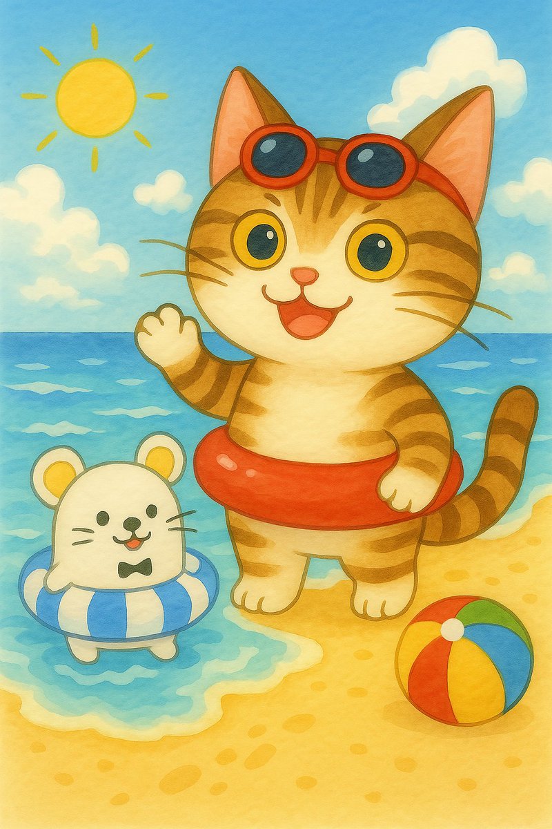 おはシューコー！☀️

先日、株式会社キャステムさん（<a href="/castem_info/">キャステム【公式】</a>）のチューテム君と、キラキラの海で海水浴を楽しんできたシュー！🏖️

二人とも浮き輪でプカプカ、波の音も心地よかったな～！チューテム君、楽しい夏の思い出をありがとうね！次は一緒に砂のお城でも作ろうか？🏰🍉