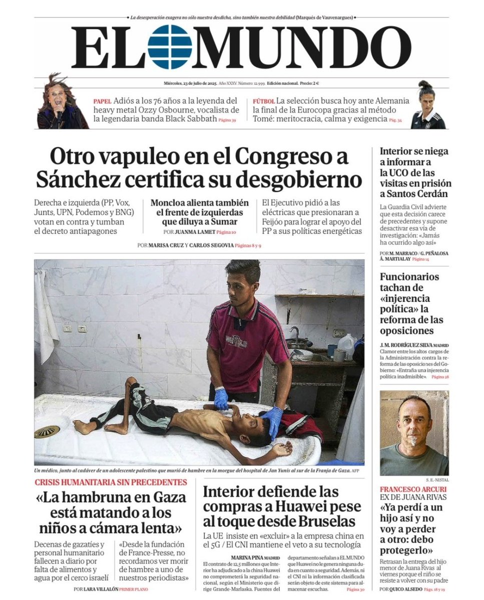La portada del periódico El Mundo hoy miércoles, 23 de julio