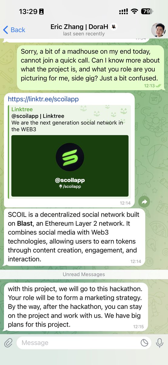 JustinBao_'s tweet photo. 🚨Hey @ekzhang1 — just got a Telegram DM from “Eric Zhang | DoraH” that feels off:

• Pushed a call in 20 min over and over
• Strangely worded, copy-paste banner
• Online 24/7, no @dorahacks.io email
• “Hackathon/job” lure + investor pressure
• He said he doesn’t use X🤣

Pretty sure it’s fake — flagging for you & the community. Stay sharp!
