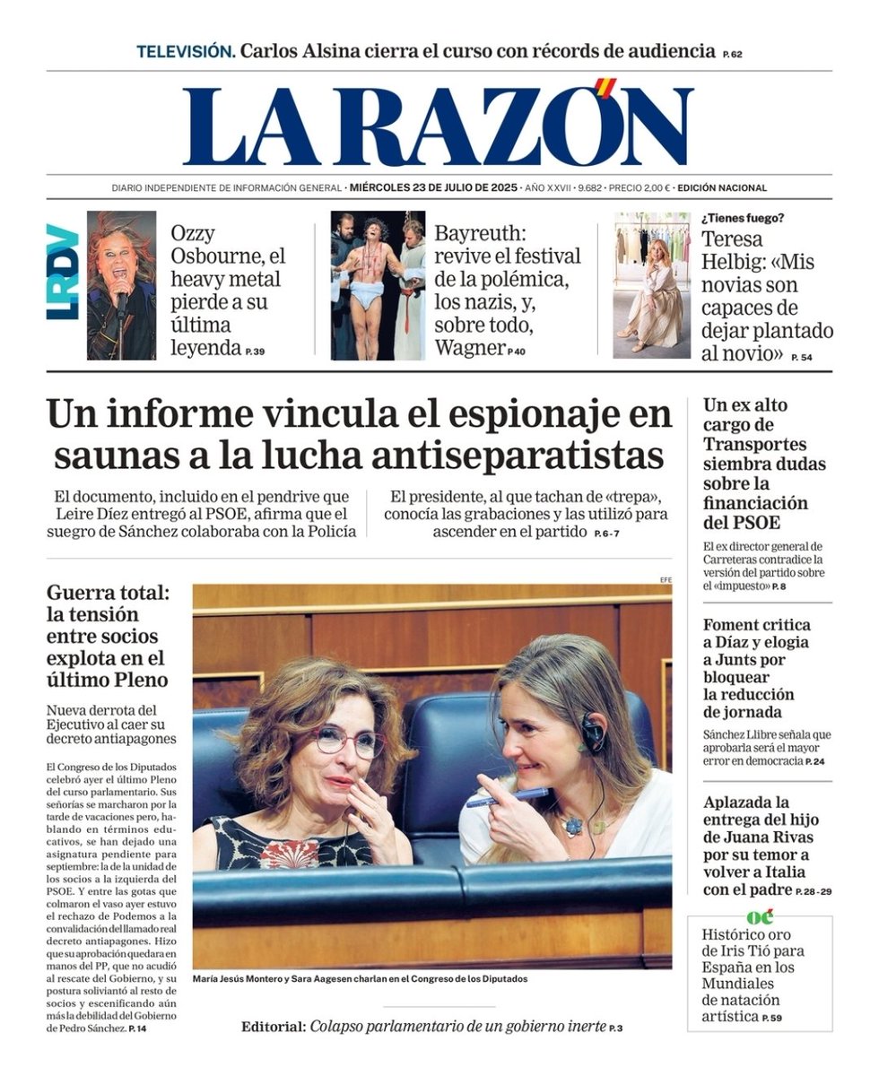 La portada del periódico La Razón hoy miércoles, 23 de julio