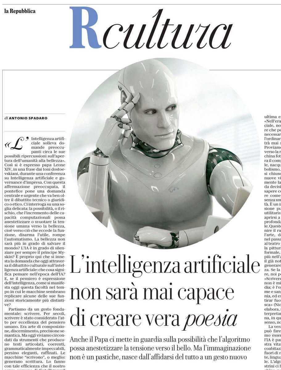 antoniospadaro's tweet image. Oggi su #Repubblica una mia riflessione. Che cosa significa #pensare se l’IA scrive e fa cose che abbiamo sempre attribuite all’intelligenza umana? L’intelligenza va cercata altrove: non nei risultati visibili, ma in ciò che eccede la funzione. Non in ciò che la macchina replica,…