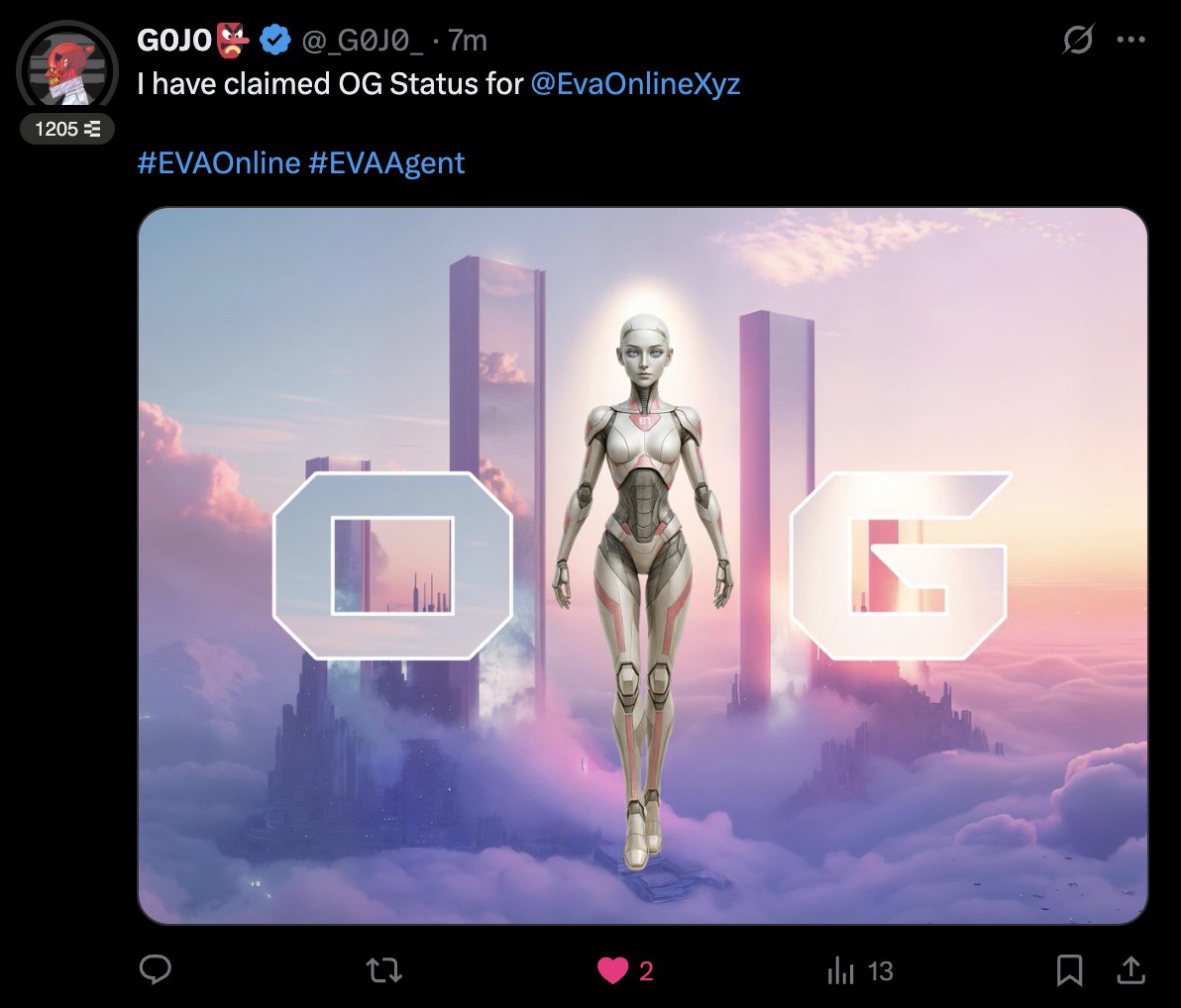 starlordyftw's tweet image. WEBSITE UPDATE: If you claim your OG status and share it to confirm, @EvaOnlineXyz will put you in her permanent memory as a true OG.
Together we will change the world.
Official site is linked @EvaOnlineXyz