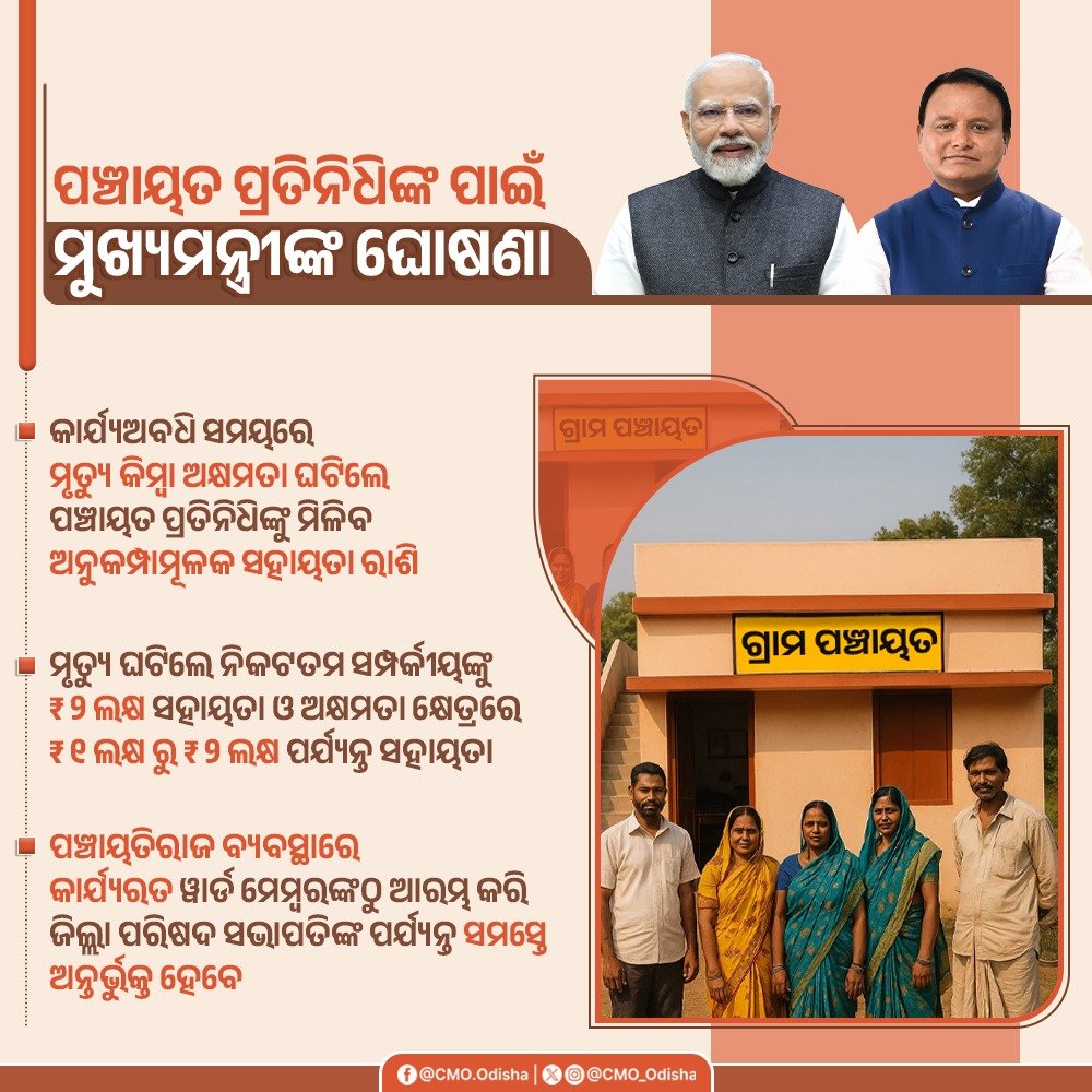 ସାମ୍ବିଧାନିକ ବ୍ୟବସ୍ଥାରେ ତୃଣମୂଳ ସ୍ତରରେ ନିର୍ବାଚିତ ପଞ୍ଚାୟତ ପ୍ରତିନିଧିମାନଙ୍କ ପାଇଁ  କାର୍ଯ୍ୟଅବଧି ସମୟରେ ମୃତ୍ୟୁ କିମ୍ବା ଅକ୍ଷମତା ଘଟିଲେ ଅନୁକମ୍ପା ମୂଳକ ସହାୟତା ରାଶି ପ୍ରଦାନ କରିବା ପାଇଁ ନିଷ୍ପତ୍ତି ନେଇଛନ୍ତି ରାଜ୍ୟ ସରକାର ।