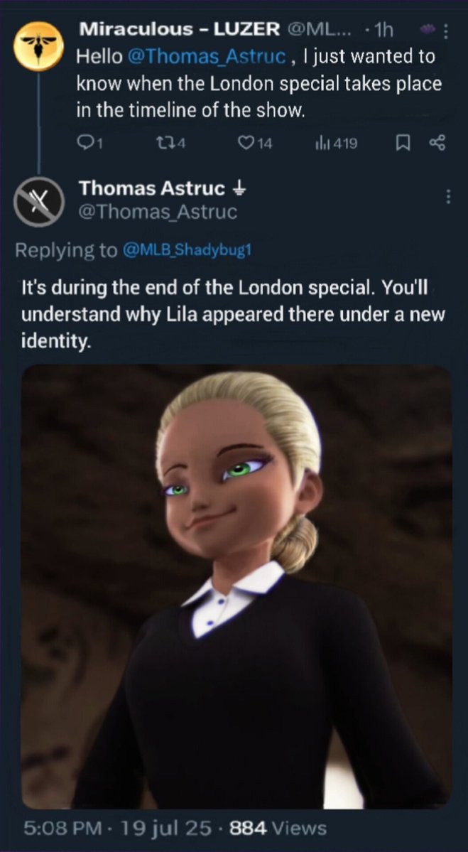 MLB_Shadybug1's tweet image. 🚨🚨 BREAKING: Mr Astruc when asked about the timeline of the special 7.
‘It's during the end of the London special. You'll understand why Lila appeared there under a new identity.’
What do you think about this news?
#mlbtwt #MiraculousWorld #MLB #MLBS6Spoilers #MiraculousNews