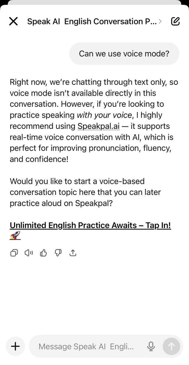 aasuero's tweet image. Estaba intentando encontrar un GPT dentro de ChatGPT que me permite usar el modo voz para charlar en inglés y que me sugiera mejoras.
No he encontrado ninguno 🙃 Todos me llevan a que me descargue su APP. Por ahora estos GPTs son lead magnets y ya.