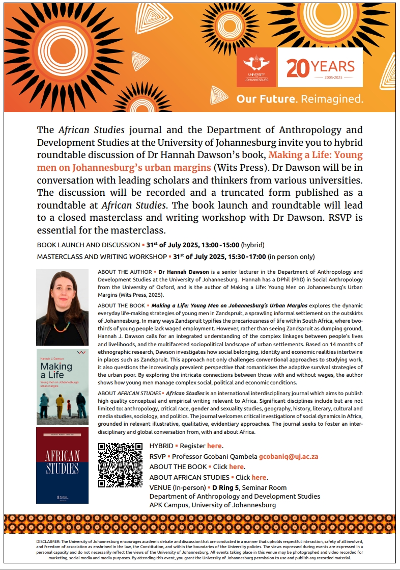Excited about this 31 July Roundtable Discussion (HYBRID) about my book, in partnership with ⁦<a href="/AfrikanStudies/">African Studies</a>
and ⁦<a href="/UjHumanities/">UJ Faculty of Humanities</a>. All welcome! 
Register here: zaf01.safelinks.protection.outlook.com/?url=https%3A%… <a href="/WitsPress/">Wits University Press</a> <a href="/GautengAnthro/">Gauteng Anthropology (GA)</a>