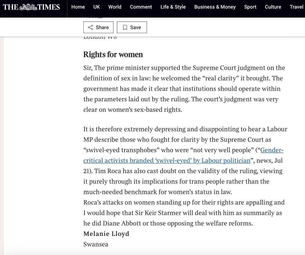LabWomenDec's tweet image. Melanie's letter castigates @UKLabour MP @Tim_Roca's ignorant comments:
"Roca has also cast doubt on the validity of the ruling, viewing it purely through its implications for trans people rather than the much-needed benchmark for women’s status in law."
thetimes.com/article/f37d43…