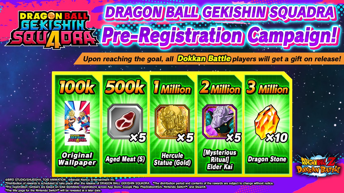 dokkan_global's tweet image. DRAGON BALL GEKISHIN SQUADRA
Pre-Registration Has Begun!🎉
Depending on the number of pre-registrations during the campaign period, gifts will be sent to all Dokkan players!
Pre-register for GEKISHIN SQUADRA here:
dbg-squadra.bn-ent.net
#GekishinSquadra #Squadra…