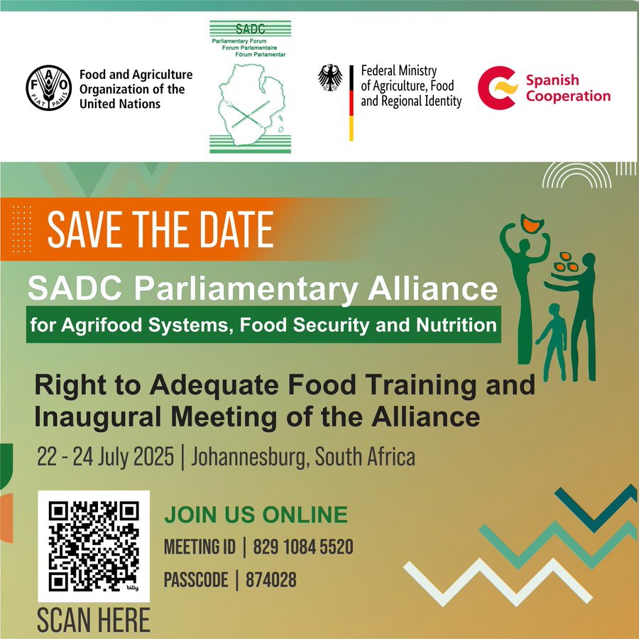 sadcpf's tweet image. Day 2 – In Action Now.

The second day of the Right to Adequate Food Training and the Inaugural Meeting of the SADC Parliamentary Alliance on Agrifood Systems, Food Security and Nutrition is underway.

Today’s focus:
🔹 Legislative &amp;amp; policy entry points for realizing the Right to…