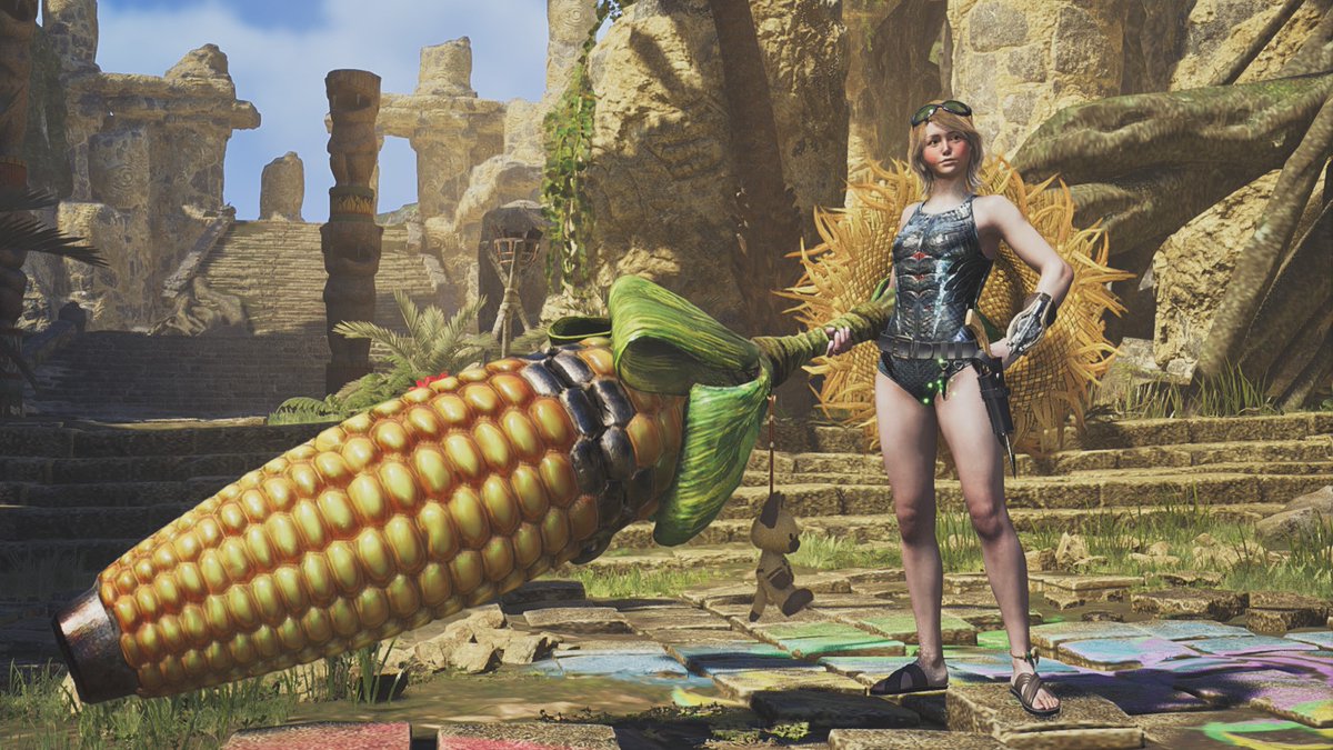 richter_h_'s tweet image. Cornpopper + swimsuit
Didn&apos;t know they added a variant to Diver set which looks like what Hazel would wear lmao

Yep, this is summer bagel coded alright
#MHWilds