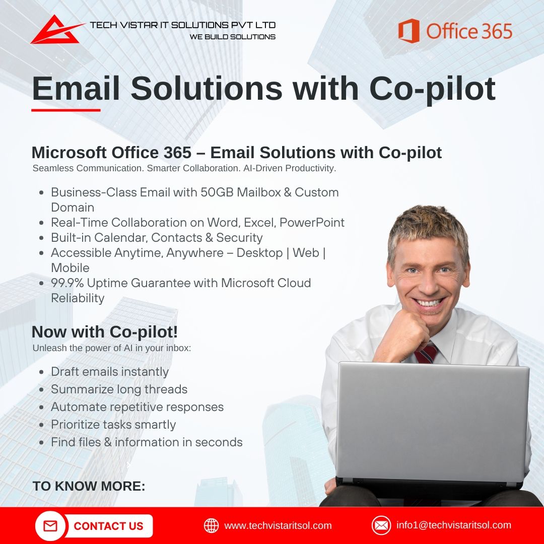techvistar_IT's tweet image. 🚀 Power Up Your Inbox with Microsoft Office 365 + Co-pilot!
Say goodbye to cluttered threads, repetitive replies &amp;amp; lost files.
With Co-pilot, your email becomes smarter, faster, and AI-powered.

#Microsoft365 #EmailSolutions #TechVistarITSolutions #CopilotAI #ProductivityTools