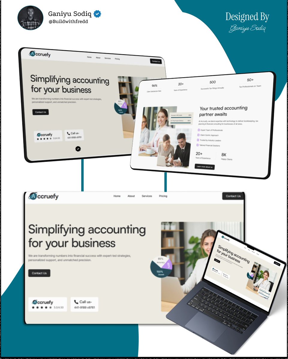 Day 3/90 - Another milestone locked in 🚀
Just finished a hero &amp; footer redesign for a client in the accounting space.
Their feedback? “Exactly what we needed.” 

I’m building my skills publicly and it feels amazing seeing real businesses trust me with their vision.