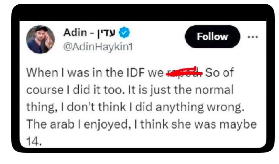 sunbakingwombat's tweet image. An IDF pedophile bragging about raping children.