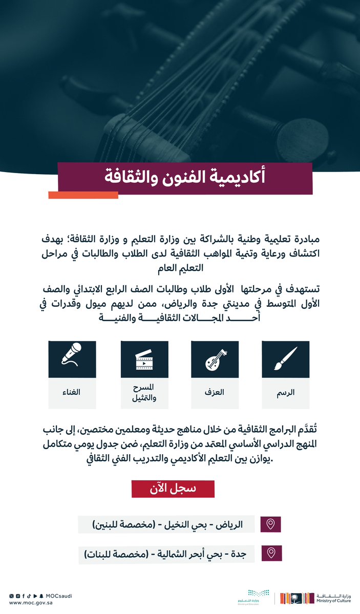MOCSaudi's tweet image. تجمع أكاديمية الفنون والثقافة بين التعليم الأكاديمي المعتمد، وبين البرامج الثقافية المتخصصة ضمن بيئةٍ تعليمية محفّزة وثريّة.
تعرّف أكثر:
engage.moc.gov.sa/cultural-talen…
#وزارة_التعليم
#وزارة_الثقافة