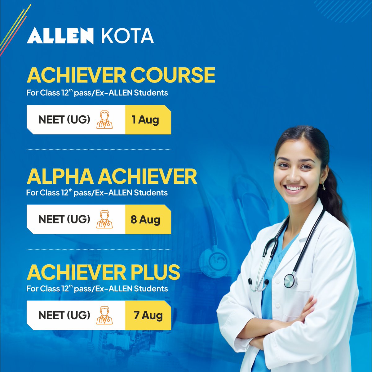 ALLENkota's tweet photo. 🏆 Make 2026 YOUR success year! ALLEN Kota's new course dates are out!
✨ Nurture: 23 & 29 July
✨ Leader: 23 & 30 July
✨ Achiever: 1, 7 & 8 Aug
🌐 For Details, Visit: https://t.co/5SBNXpnPMs
☎️ Call: 0744-3556677
#ALLENKota #Success #Nurture #Leader #Achiever #CourseAnnouncement