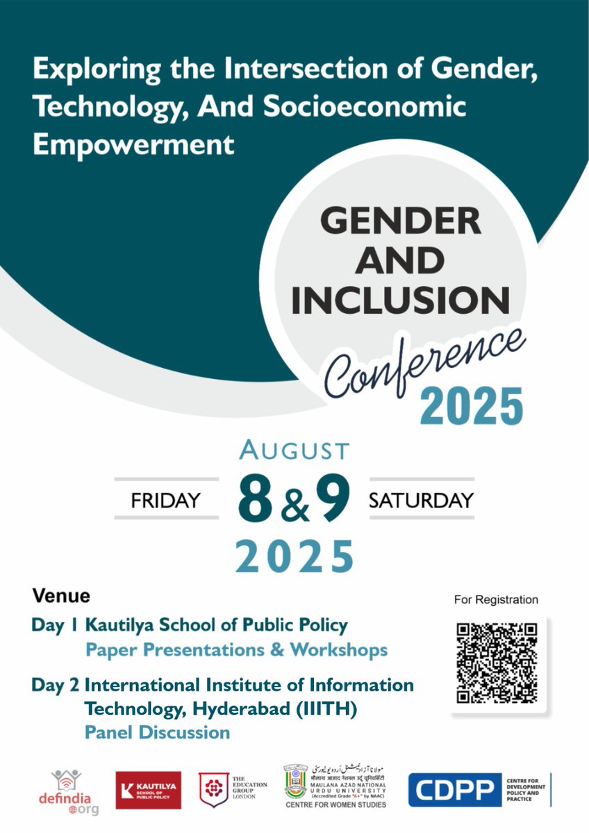 Centre for Development Policy and Practice (@cdpp_india) on Twitter photo The Gender and Inclusion Conference 2025, is to be held on August 8ā9 in Hyderabad. Organised by CDPP in collaboration with <a href="/DEFindia/">DEFindia</a> ,<a href="/KautilyaSPP/">Kautilya School of Public Policy</a> , The Education Group (London), & the Centre for Women Studies at <a href="/officialmanuu/">Maulana Azad National Urdu University</a>
Register here: forms.office.com/r/SYvwiPJKWd The Gender and Inclusion Conference 2025, is to be held on August 8ā9 in Hyderabad. Organised by CDPP in collaboration with <a href="/DEFindia/">DEFindia</a> ,<a href="/KautilyaSPP/">Kautilya School of Public Policy</a> , The Education Group (London), & the Centre for Women Studies at <a href="/officialmanuu/">Maulana Azad National Urdu University</a>
Register here: forms.office.com/r/SYvwiPJKWd