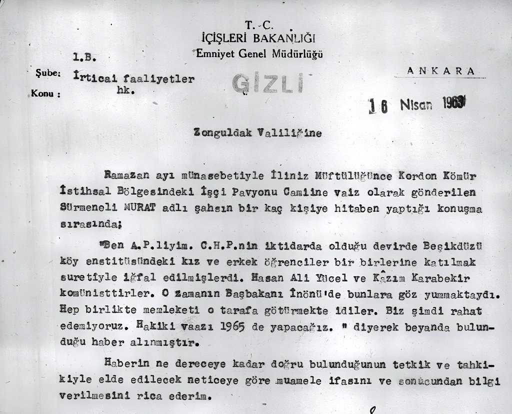 tokuztuglug's tweet image. Zonguldak'ta Sürmeneli Murat adlı vaiz halka köy enstitüsünde cinsel ilişkiler yaşandığı ve Kazım Karabekir'in komünist olduğu propagandasını yapıyormuş. İlginçtir ki I. Meclis'te de Hüseyin Avni Bey ve arkadaşları Kazım Karabekir'i komünizme taviz vermekle suçlamıştı.
