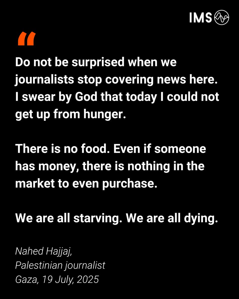IMSforfreemedia's tweet image. The population in Gaza is facing mass starvation due to Israel's siege.
The hunger is also affecting aid workers, doctors, journalists; people with essential roles in both helping the civilian population in Gaza and keeping the world informed about events on the ground.
1/5