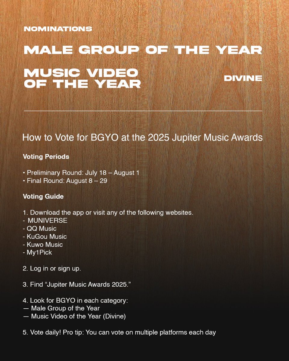 SoundCheckMNL's tweet image. Wow! #BGYO @bgyo_ph is nominated at Jupiter Music Awards 2025 for Male Group Of The Year, music vid of the year for Divine. Vote on MUNIVERSE, QQ Music, KuGou Music, Kuwo Music, My1Pick. For more info, visit JMA voting site: muniverse.io @StarMusicPH @starmagicphils