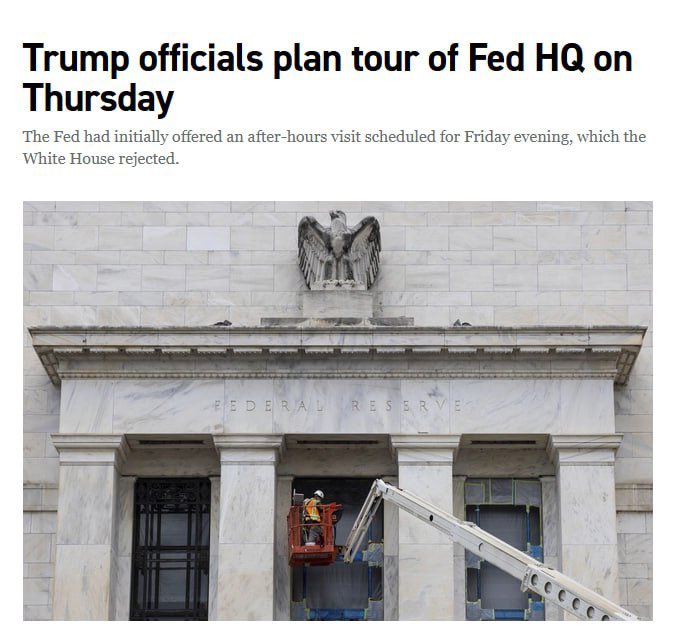 Whiplash437's tweet image. Advisers to President Donald Trump will tour the Federal Reserve’s headquarters on Thursday as the administration ratchets up pressure on Chair Jerome Powell over a $2.5 billion renovation of central bank facilities, interest rates and the Fed’s overall mission.
White House…