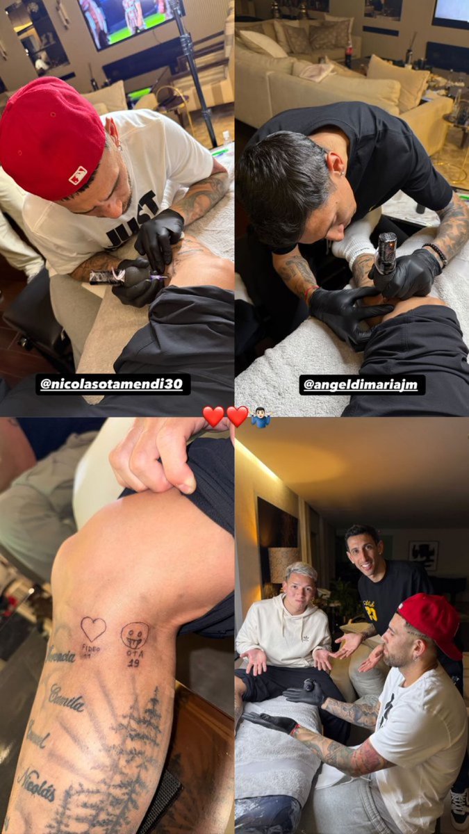 BomboneraTears's tweet image. 🇦🇷 Gianluca Prestianni asked his Benfica teammates and compatriots Nicolás Otamendi and Ángel Di María (now back at Central) to tattoo him. Prestianni now has a heart signed with ‘Fideo 11’ 🫶🏻 and a 😛-smiley signed with ‘Ota 19’.
Who’s next?!
