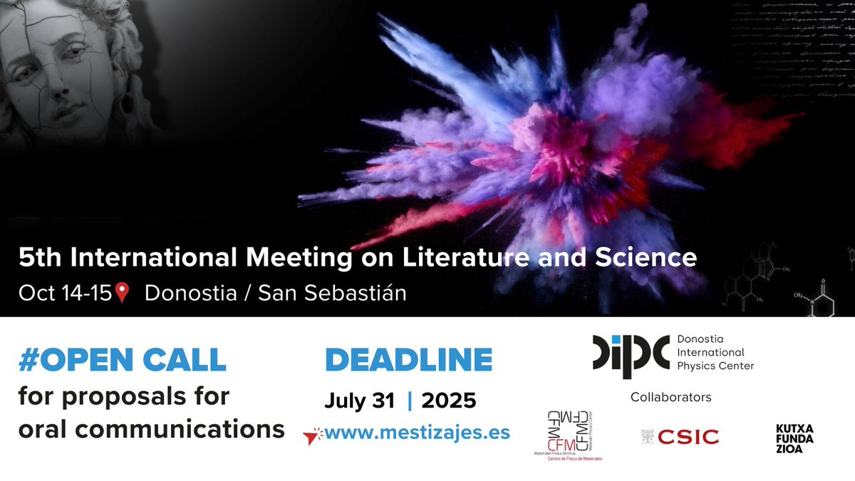 DIPCehu's tweet image. 📢 The 5th International Meeting on Literature and Science is open for proposals for oral communicacions!
Deadline 👉 July 31, 2025
Language: Basque, Spanish, English
+INFO: www. mestizaje.es