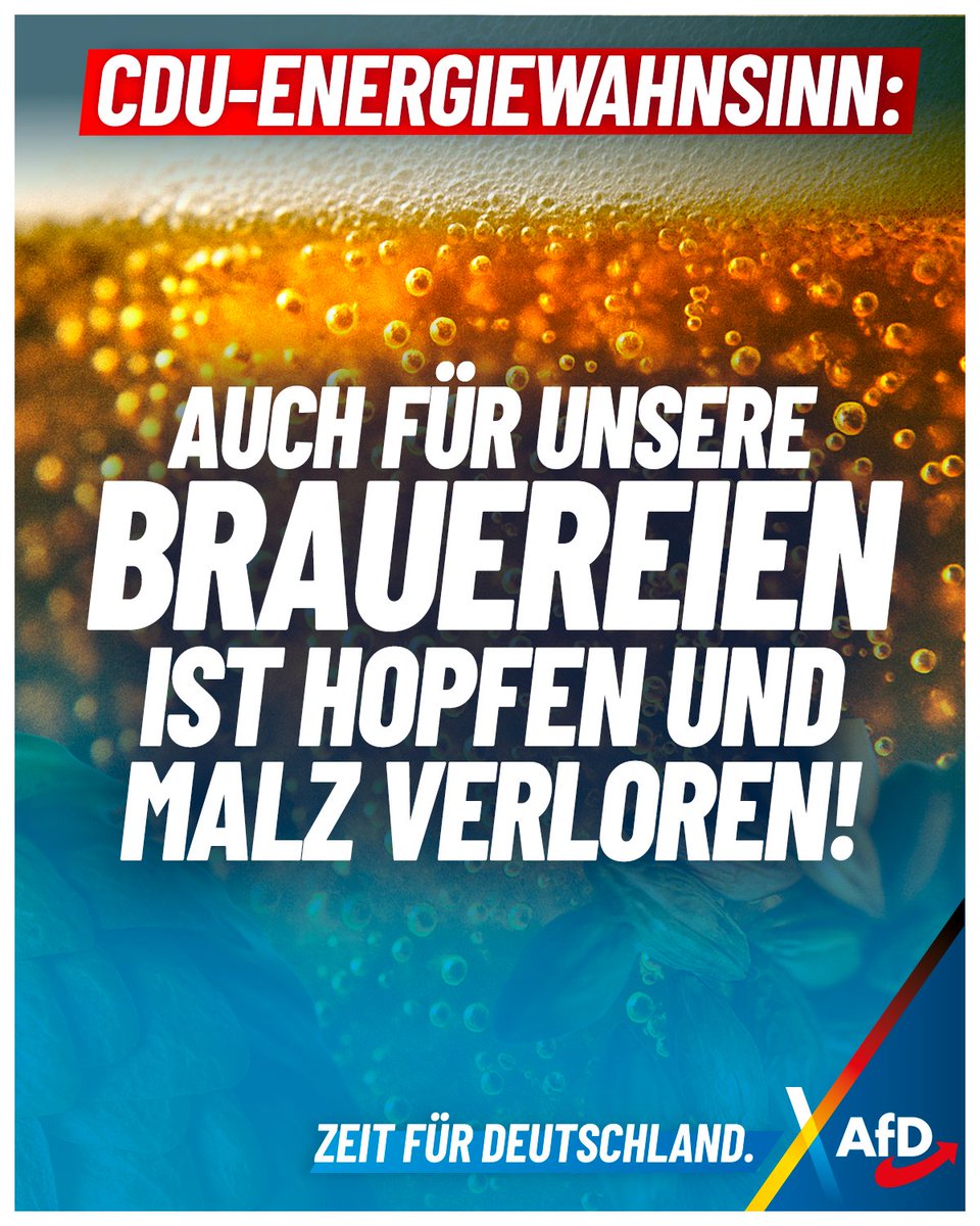 AfD's tweet image. Deutsche Brauereien erleben beispiellose Krise. 2024 sank der Absatz massiv auf 8,3 Mrd. Liter. Für 93 Betriebe sind Hopfen und Malz verloren. Sie mussten schließen. Grund: explodierende Energiekosten. Nur @AfD kämpft für bezahlbare Energie und Traditionserhalt!