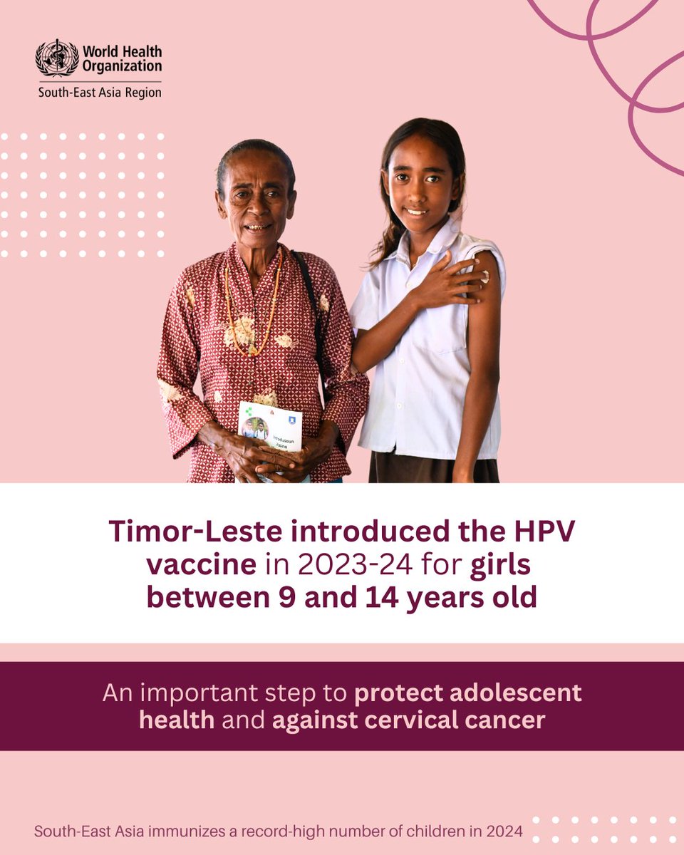 World Health Organization South-East Asia (@whosearo) on Twitter photo <a href="/WHO_BD/">World Health Organization Bangladesh</a> <a href="/WHOMaldives/">WHO Maldives</a> <a href="/WHOMyanmar/">WHO Myanmar</a> <a href="/WHONepal/">WHO Nepal</a> <a href="/WHOSriLanka/">WHO Sri Lanka</a> <a href="/WHOThailand/">WHO Thailand</a> <a href="/WHOTLS/">WHO Timor-Leste</a> <a href="/MoHFW_INDIA/">Ministry of Health</a> <a href="/MoHmv/">Ministry of Health</a> <a href="/MoH_SriLanka/">Ministry of Health</a> <a href="/paudelpradipNC/">Pradip Paudel</a> <a href="/MdSTimorLeste/">Ministério da Saúde</a> <a href="/mohpnep/">Ministry of Health & Population, Nepal</a> #TimorLeste 🇹🇱 has taken an important step to prevent #cervicalcancer. The country introduced the #HPV vaccine for girls between 9 and 14 years old in 2023-24.
#VaccinesSaveLives #Immunization #PublicHealth <a href="/WHOTLS/">WHO Timor-Leste</a> <a href="/WHO_BD/">World Health Organization Bangladesh</a> <a href="/WHOMaldives/">WHO Maldives</a> <a href="/WHOMyanmar/">WHO Myanmar</a> <a href="/WHONepal/">WHO Nepal</a> <a href="/WHOSriLanka/">WHO Sri Lanka</a> <a href="/WHOThailand/">WHO Thailand</a> <a href="/WHOTLS/">WHO Timor-Leste</a> <a href="/MoHFW_INDIA/">Ministry of Health</a> <a href="/MoHmv/">Ministry of Health</a> <a href="/MoH_SriLanka/">Ministry of Health</a> <a href="/paudelpradipNC/">Pradip Paudel</a> <a href="/MdSTimorLeste/">Ministério da Saúde</a> <a href="/mohpnep/">Ministry of Health & Population, Nepal</a> #TimorLeste 🇹🇱 has taken an important step to prevent #cervicalcancer. The country introduced the #HPV vaccine for girls between 9 and 14 years old in 2023-24.
#VaccinesSaveLives #Immunization #PublicHealth <a href="/WHOTLS/">WHO Timor-Leste</a>