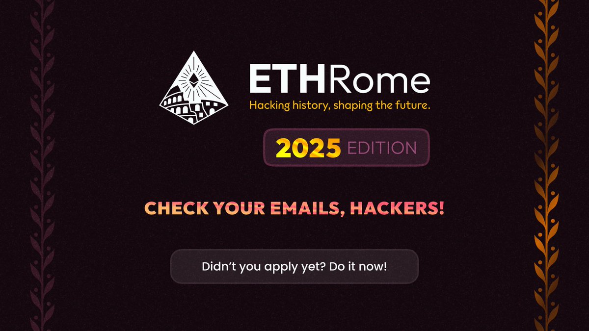 Second batch is rolling out! 📨

We’ve just sent another round of ETHRome acceptances. So, check your inbox 👀
If you got the email: congrats, and benvenutə 🇮🇹

Still thinking of applying? There’s still time! 
Applications are still open and we'll keep them for a while more. But