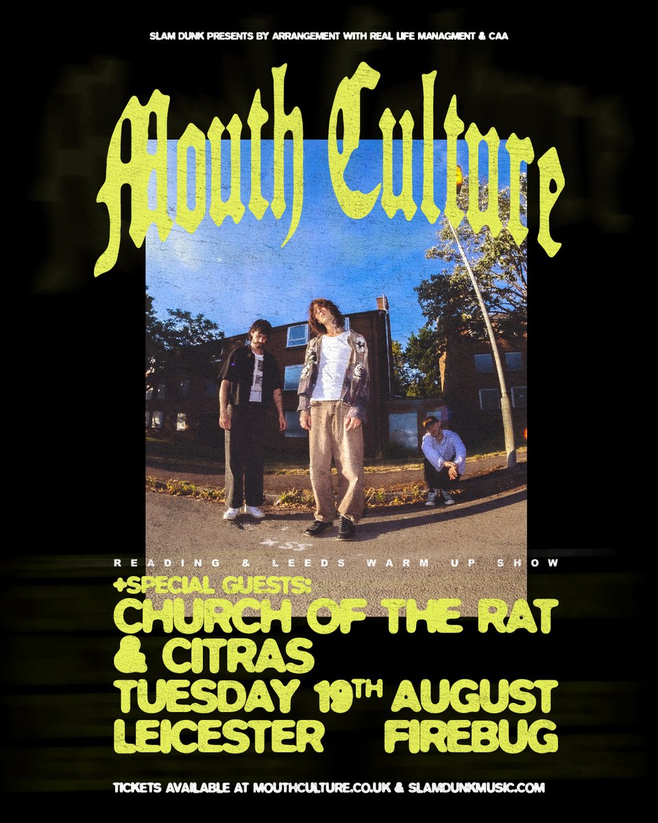 slamdunkpresent's tweet image. Just announced! @themouthculture play an intimate hometown show at Firebug in Leicester next month for their Reading & Leeds warm up 🔥
Set your alarms ⏰ Tickets go on sale Friday 10am from slamdunkmusic.seetickets.com/event/mouth-cu…
