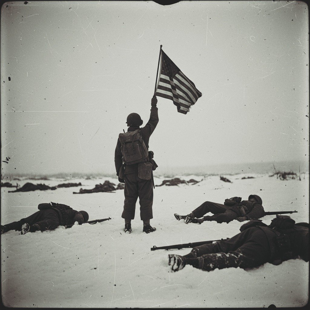ustonymc's tweet image. Bastogne
1944
During the siege of Bastogne, PFC Terry Ellis was the last man standing in his foxhole. He watched friends fall one by one around him.
When the battle paused at dawn, he climbed from the trench and raised a tattered American flag from his pack and saluted in…