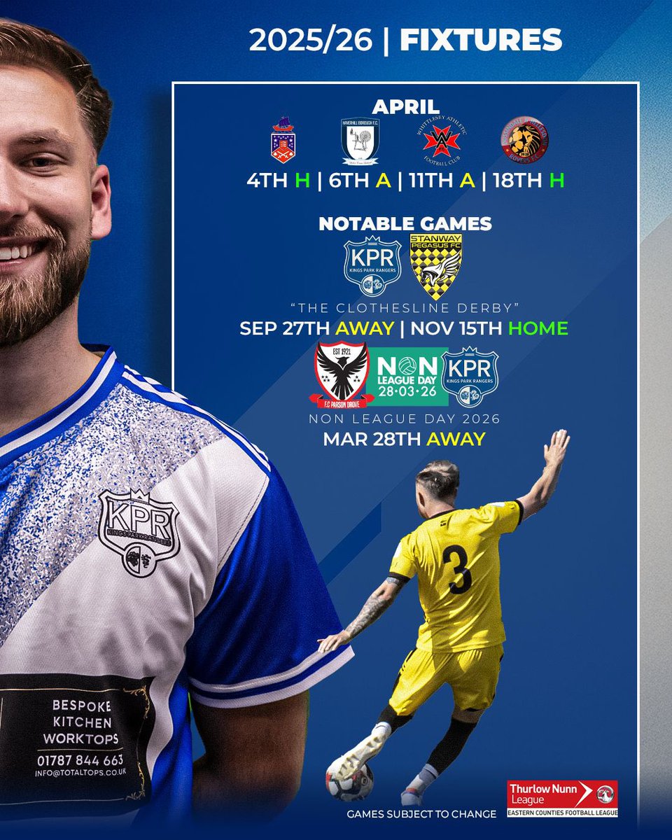 KingsParkRFC's tweet image. 𝐅𝐢𝐱𝐭𝐮𝐫𝐞𝐬 𝐫𝐞𝐥𝐞𝐚𝐬𝐞𝐝!
Our first full list of Fixtures for our first season in the @ThurlowNunnL has been released.
We start at Home and we Finish at home.
Some tough fixtures in there but the boys as always will give it everything for this club.
An exciting…