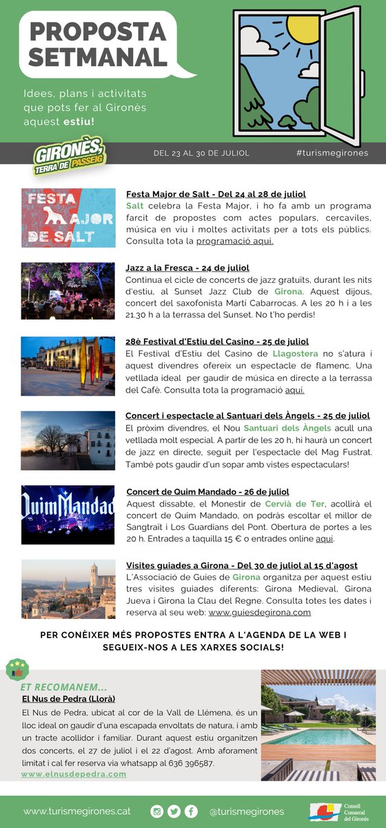 💃 Els dies d'estiu, fan sentir viu!

🗓️ Consulta la nostra #PropostaSetmanal del 23 al 30 de juliol al #Gironès!

➡️ turismegirones.cat/wp-content/upl…

📬 Entra al web i SUBSCRIU-TE per rebre-la cada setmana abans que ningú!

#turismegirones
