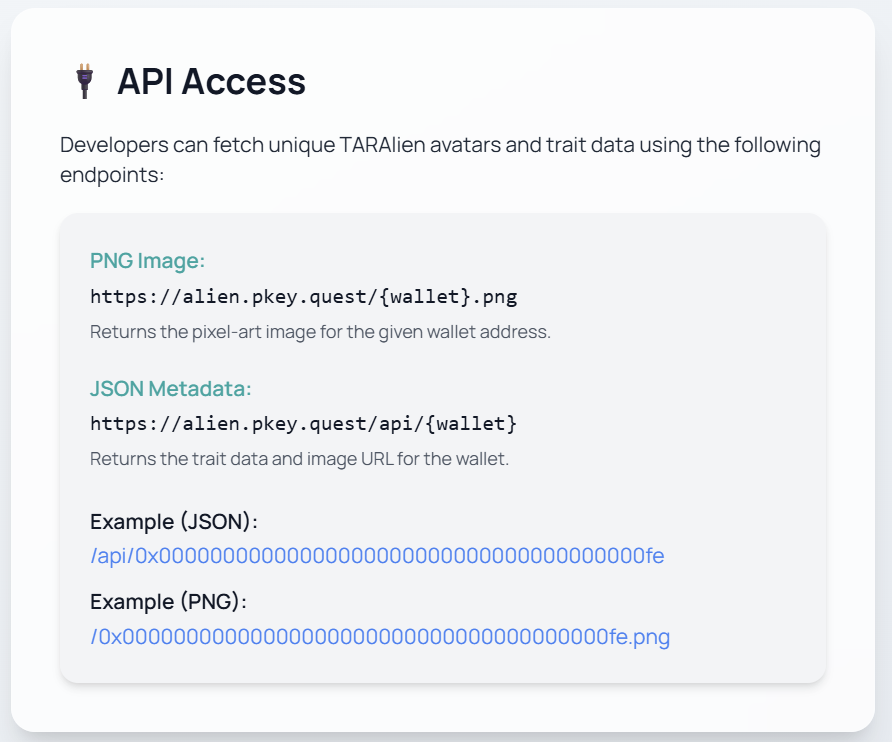 pkeyquest's tweet photo. TARAlien for TARAXA π½
Unique pixel avatars for every wallet on the Taraxa network.
πΉ Dev-friendly API
πΉ Instantly rendered from wallet
πΉ Perfect for explorers & profiles
Learn more + try it out π
https://t.co/x1thfpTydE
#Taraxa #TARAlien #Web3Tools #CryptoDev #PixelAvatars