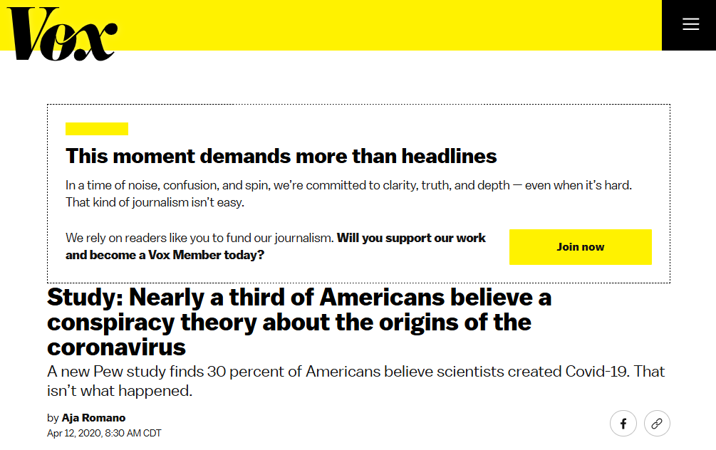 kevinnbass's tweet image. "Study: Nearly a third of Americans believe a conspiracy theory about the origins of the coronavirus"
"A new Pew study finds 30 percent of Americans believe scientists created Covid-19. That isn’t what happened."
April 12, 2020