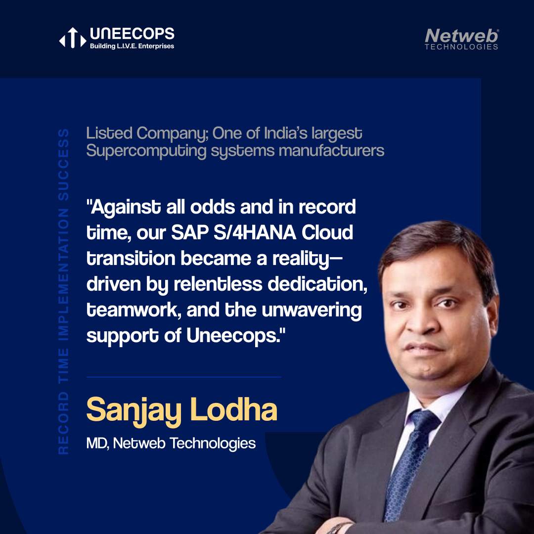 Uneecops's tweet image. Great businesses don’t follow trends. They set them.

The future is already L.I.V.E. at Netweb Technologies India Ltd. as they now lead bravely with SAP S/4HANA Cloud, implemented in record time by Uneecops.

#saps4hanacloud #sapcloud #saphana #saps4hana #sapsoftware #sapsolution