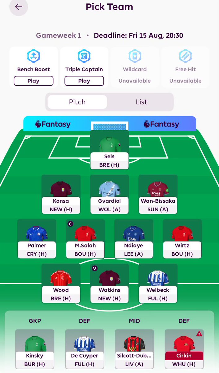 MadMudokolo's tweet image. Finally, #FPL is back!
Let the GW1 draft tinkering start.
Sels in goal, a backline of Konsa, Gvardiol, and Wan-Bissaka, a midfield of Palmer, Salah, Ndiaye, and Wirtz. Upfront, Big Wood, Watkins, and Welbeck.
What do you think of this team?
Can we survive BB in GW1?