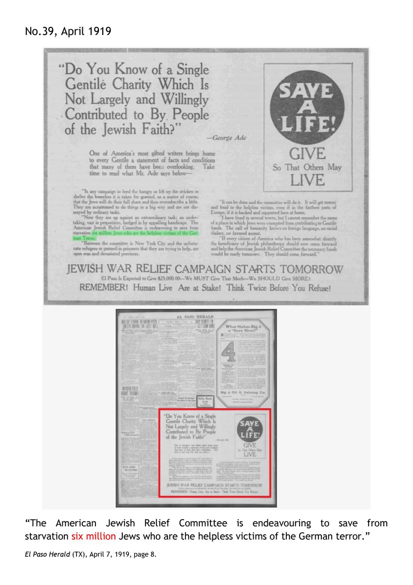 Classicist9999's tweet image. A 1919 grifting ... fundraising... ad in El Paso Herald (TX) kvetches about 𝙨𝙞𝙭 𝙢𝙞𝙡𝙡𝙞𝙤𝙣 jew starving to death.
Wait, so 𝙨𝙞𝙭 𝙢𝙞𝙡𝙡𝙞𝙤𝙣 jew starved to death during WWI, now another 𝙨𝙞𝙭 𝙢𝙞𝙡𝙡𝙞𝙤𝙣 jew are starving after WWI, and my guess is another 𝙨𝙞𝙭…