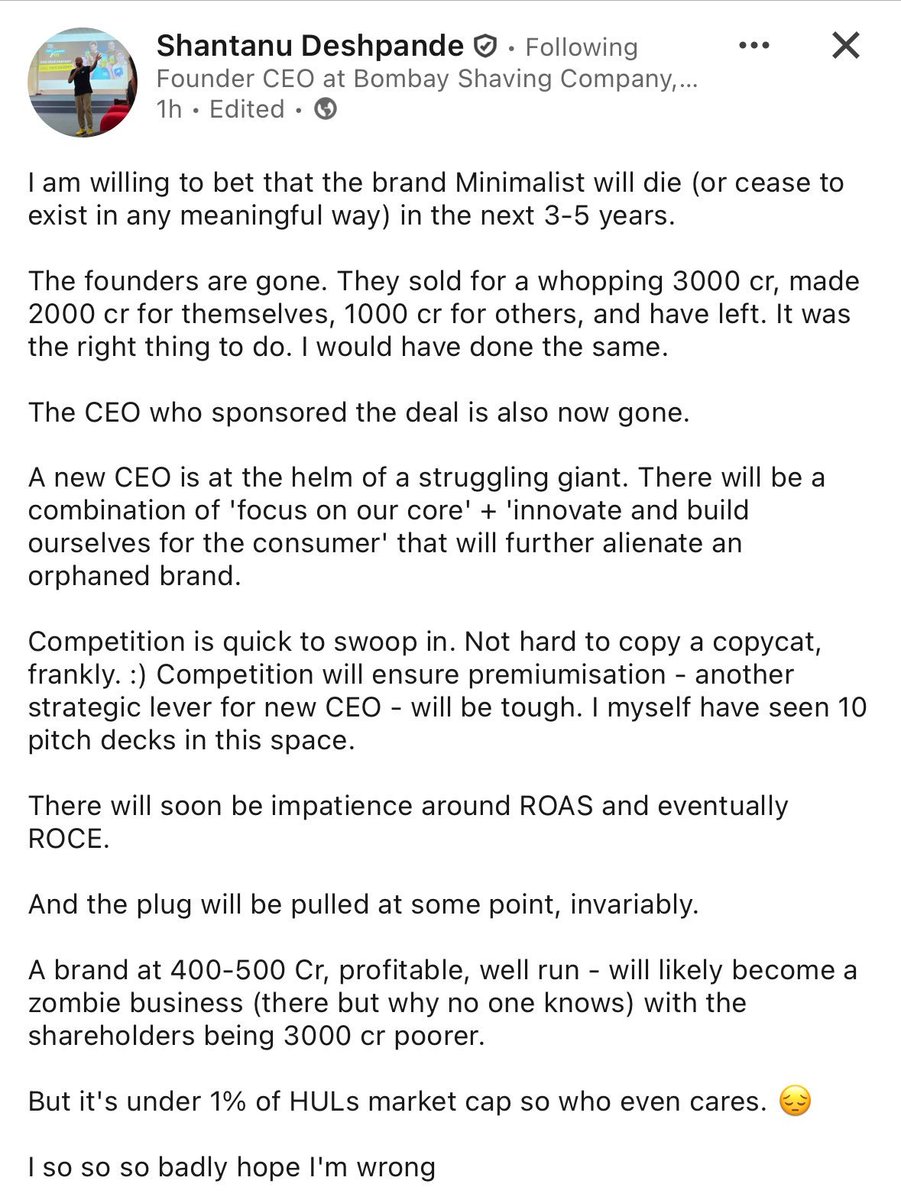 malikgarv's tweet image. I am willing to bet that Shantanu is bitter because he couldn't get acquired for that amount of money and has to do ragebait on linkedin and a podcast to survive.
"Not hard to copy a copycat" - Founder of Bombay shaving company in Delhi, who never heard of Dollar Shave club or…